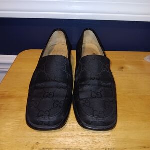 Gucci Black GG Monogram Satin Loafers